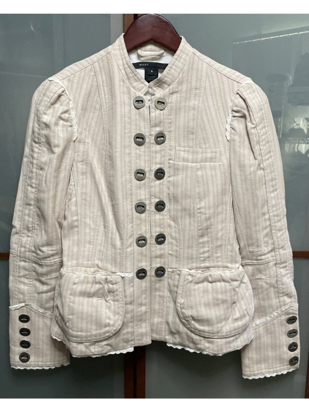Marc Jacobs Vintage Y2K Size 6 Lace Trim Beige Band Military Pin Stripe Jacket